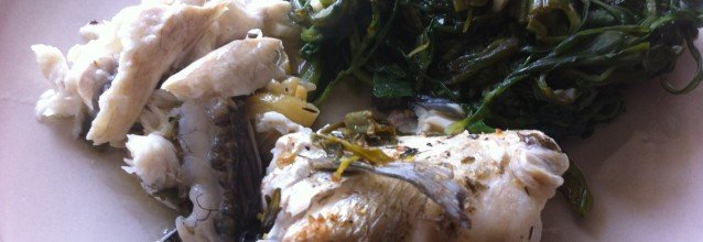 Lavraki with herbs and stamnagathi
